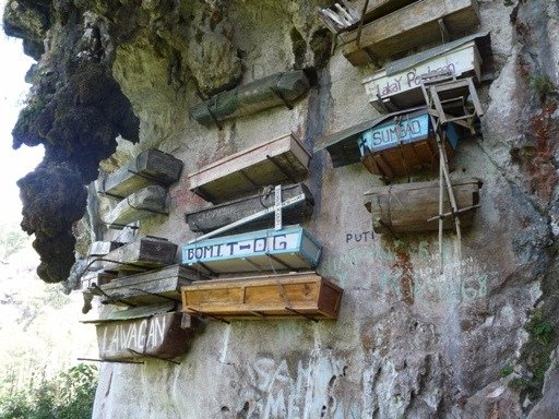 Traditional hanging coffins on a limestone cliff in Sagada